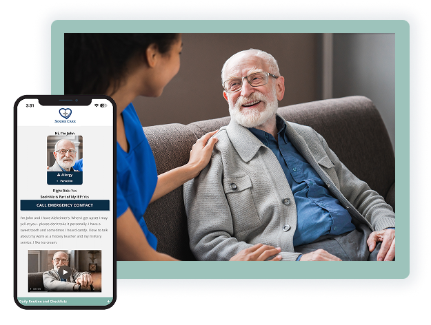 Caregiver viewing a SeeInMe profile beside a resident