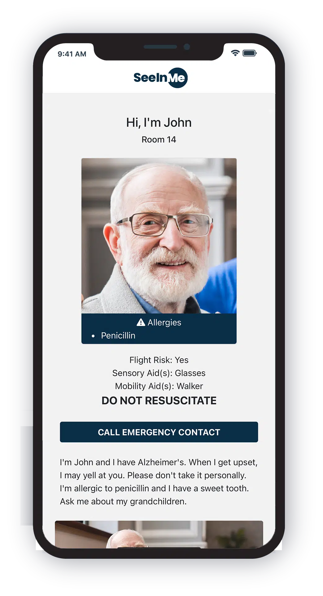 John's SeeInMe profile on a phone